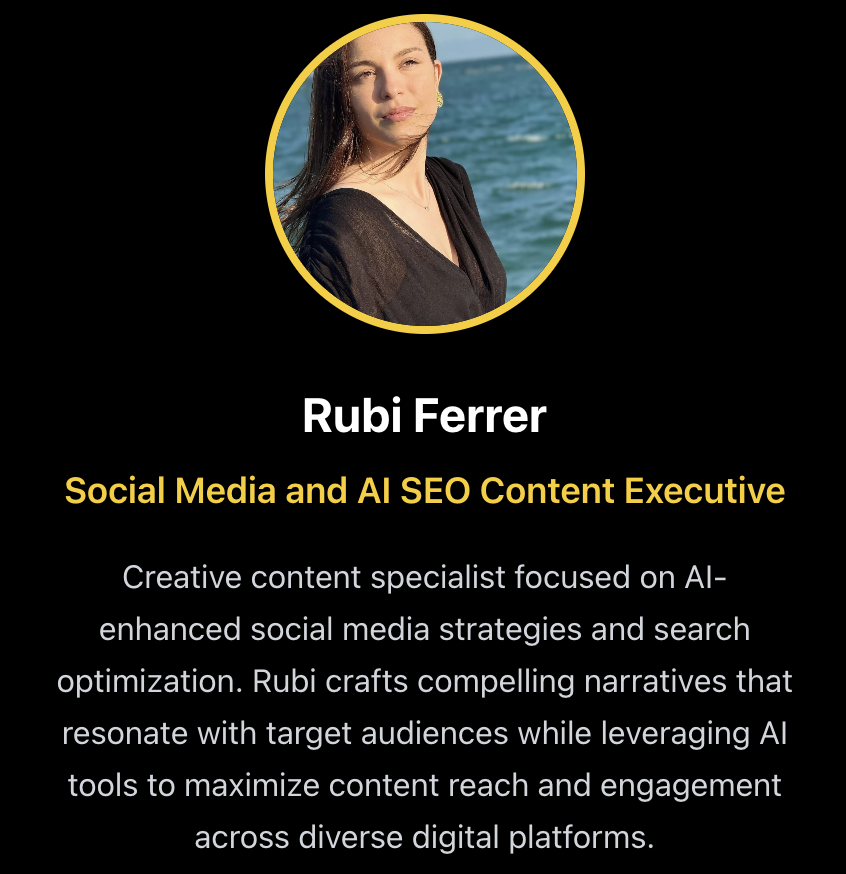 Rubi Ferrer – Social Media and AI SEO Content Executive at Tenacious Marketing, specialist in AI-enhanced social media strategies, search optimisation, and crafting narratives that maximise content reach and engagement across digital platforms.