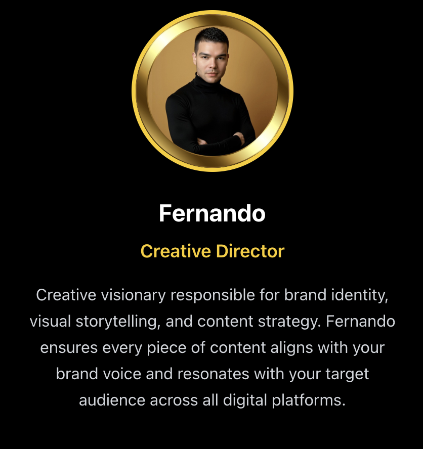 Fernando – Creative Director at Tenacious Marketing, expert in brand identity, visual storytelling, and content strategy ensuring brand voice consistency and audience engagement across digital platforms.