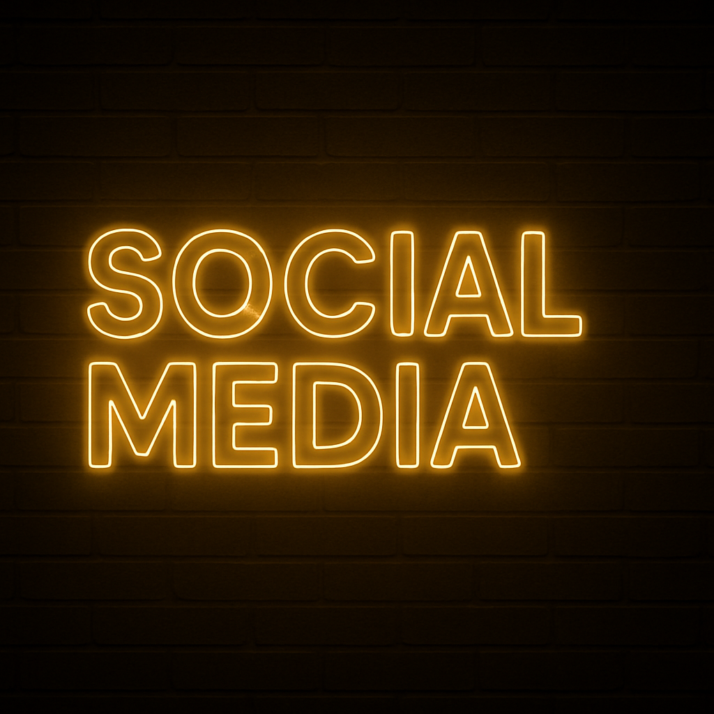 Bright yellow neon sign with the words 'Social Media' glowing against a dark brick wall background, used to promote digital content services
