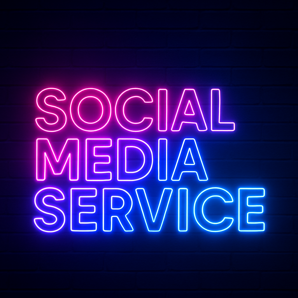Neon sign reading 'Social Media Service' in pink and blue, representing Tenacious Sales’ multi-platform content creation and brand-building strategy
