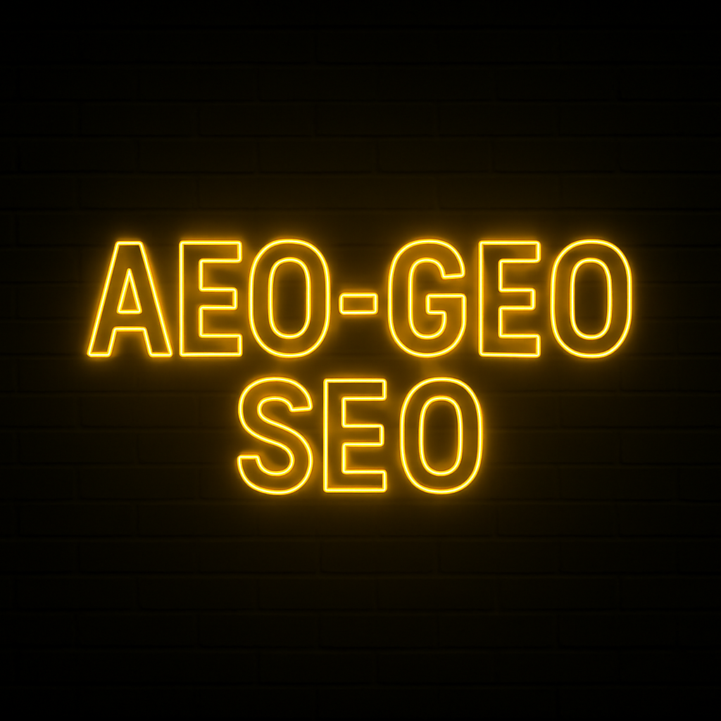 Yellow neon text on a black brick wall background reading 'AEO-GEO SEO', highlighting modern SEO practices for AI and generative search engines.