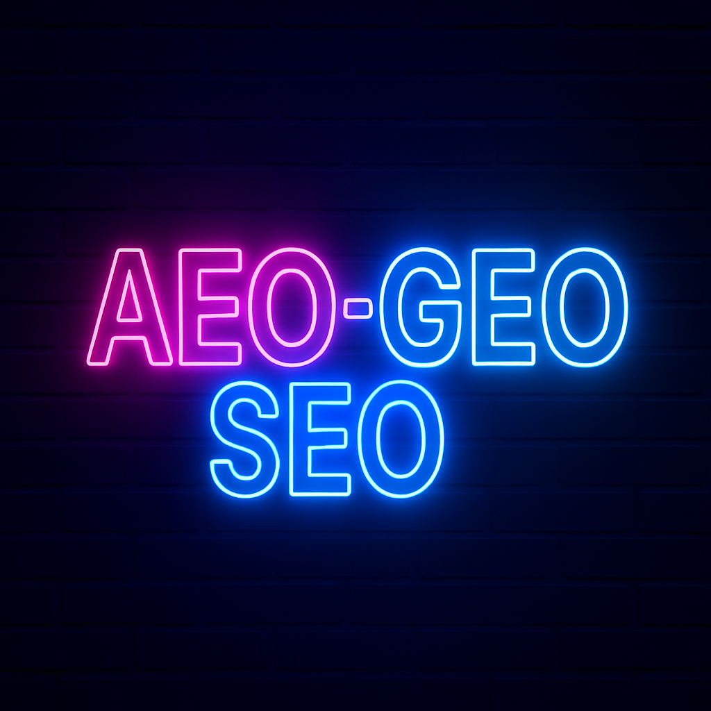Neon sign displaying AEO-GEO SEO in vibrant pink and blue on a dark brick background, symbolising advanced SEO services for AI and local search visibility.