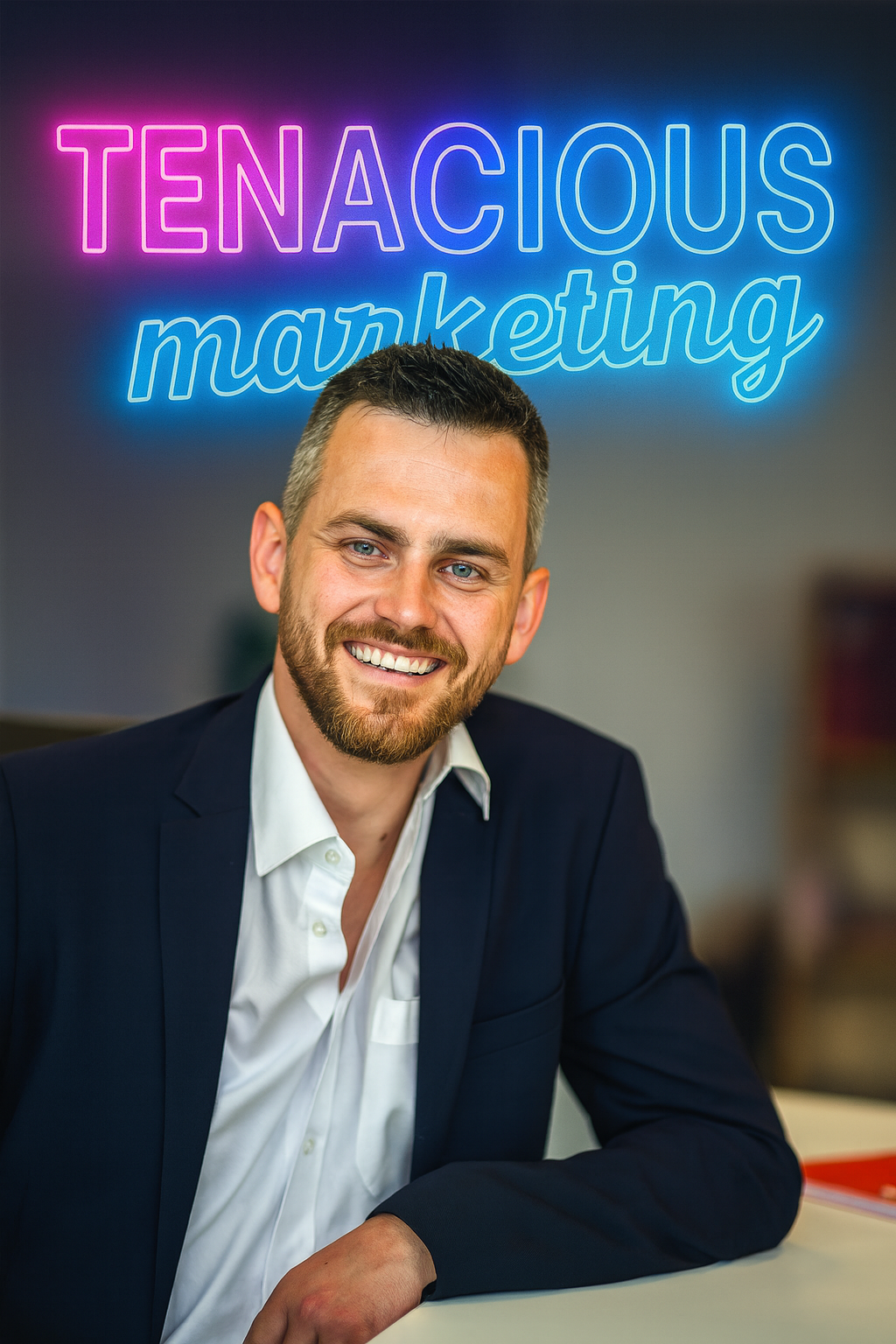 Smiling male professional in navy suit seated in front of neon Tenacious Marketing sign – showcasing personal branding, executive presence, and authority positioning services.