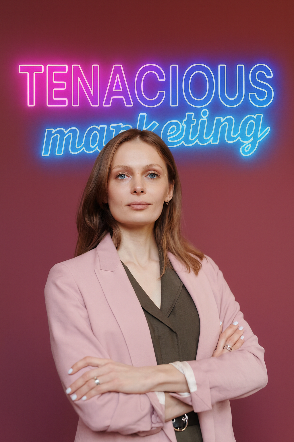 Confident female professional in pink blazer standing with arms crossed in front of neon Tenacious Marketing sign – representing personal branding, authority building, and executive visibility services.