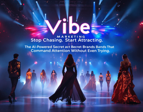 Models on runway with bold “Vibe Marketing” slogan, highlighting AI-powered brand attraction and creative solutions.