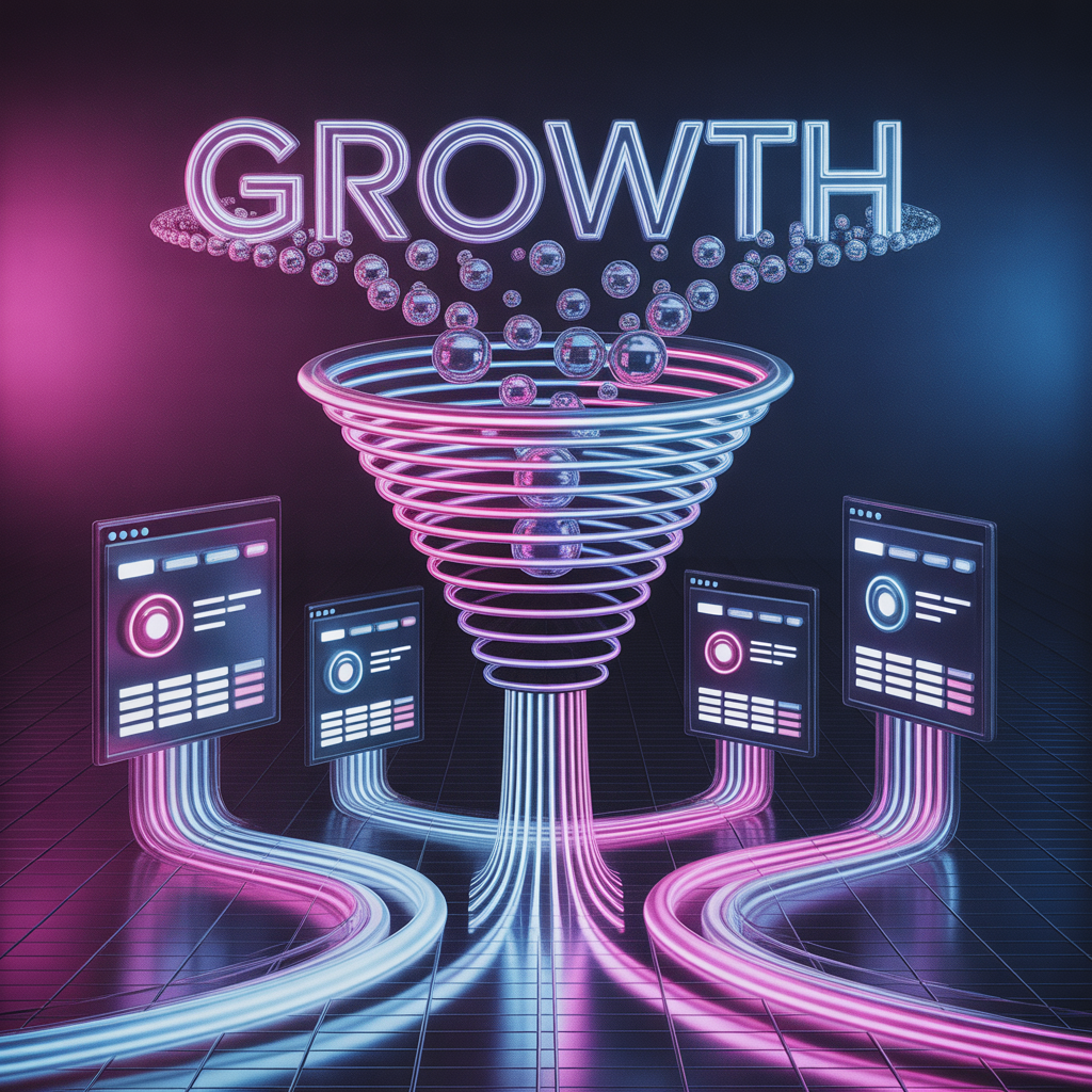 Retargeting & lookalike audiences that maximize ad effectiveness—neon growth funnel with data streams