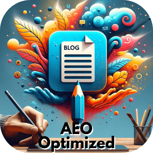 AEO optimized blog post icon with vibrant colorful design representing voice search and answer engine optimized content creation.