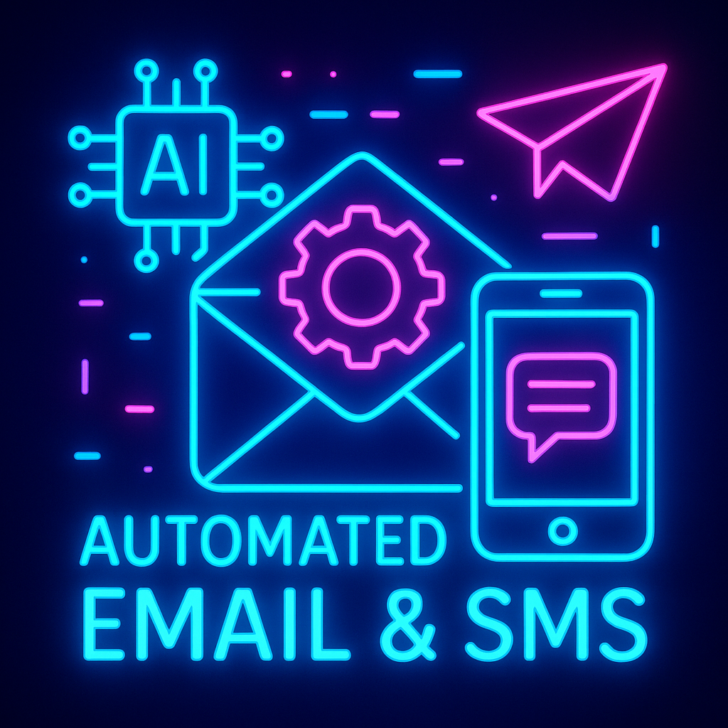 Neon graphic of AI-powered automated email and SMS messaging, featuring an envelope, smartphone, and paper airplane icons, promoting Automated Email & SMS Series service.
