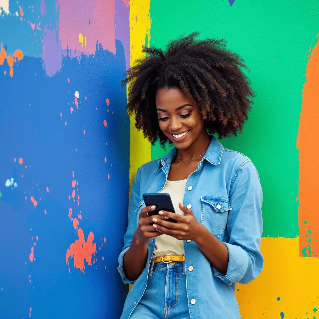 Woman smiling as she looks at her newest social media post.