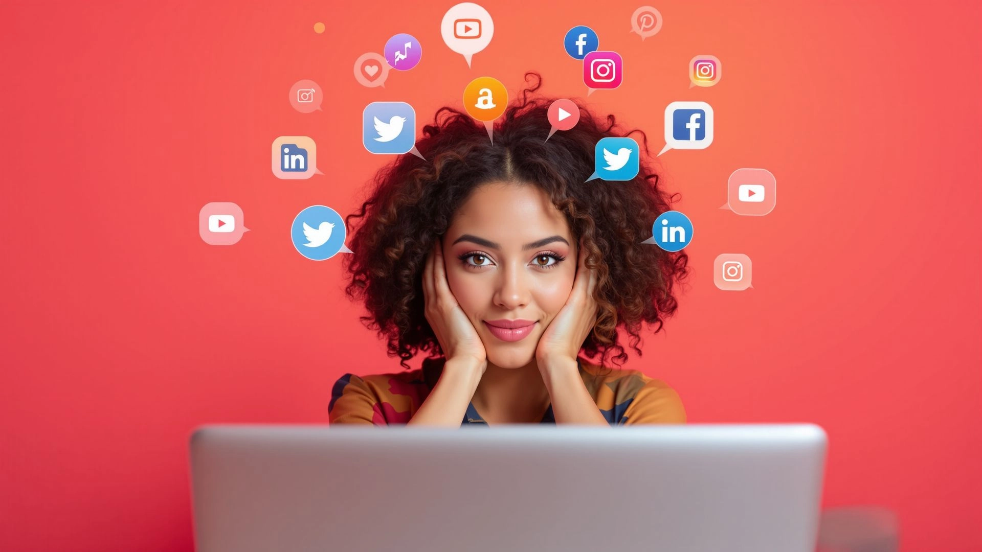 Women in front of an orange wall sitting on her computer, smiling