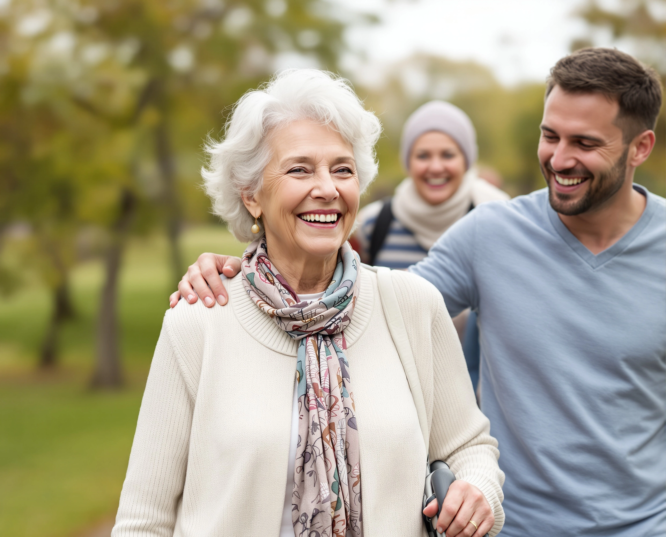 Son smiling and walking with his mother