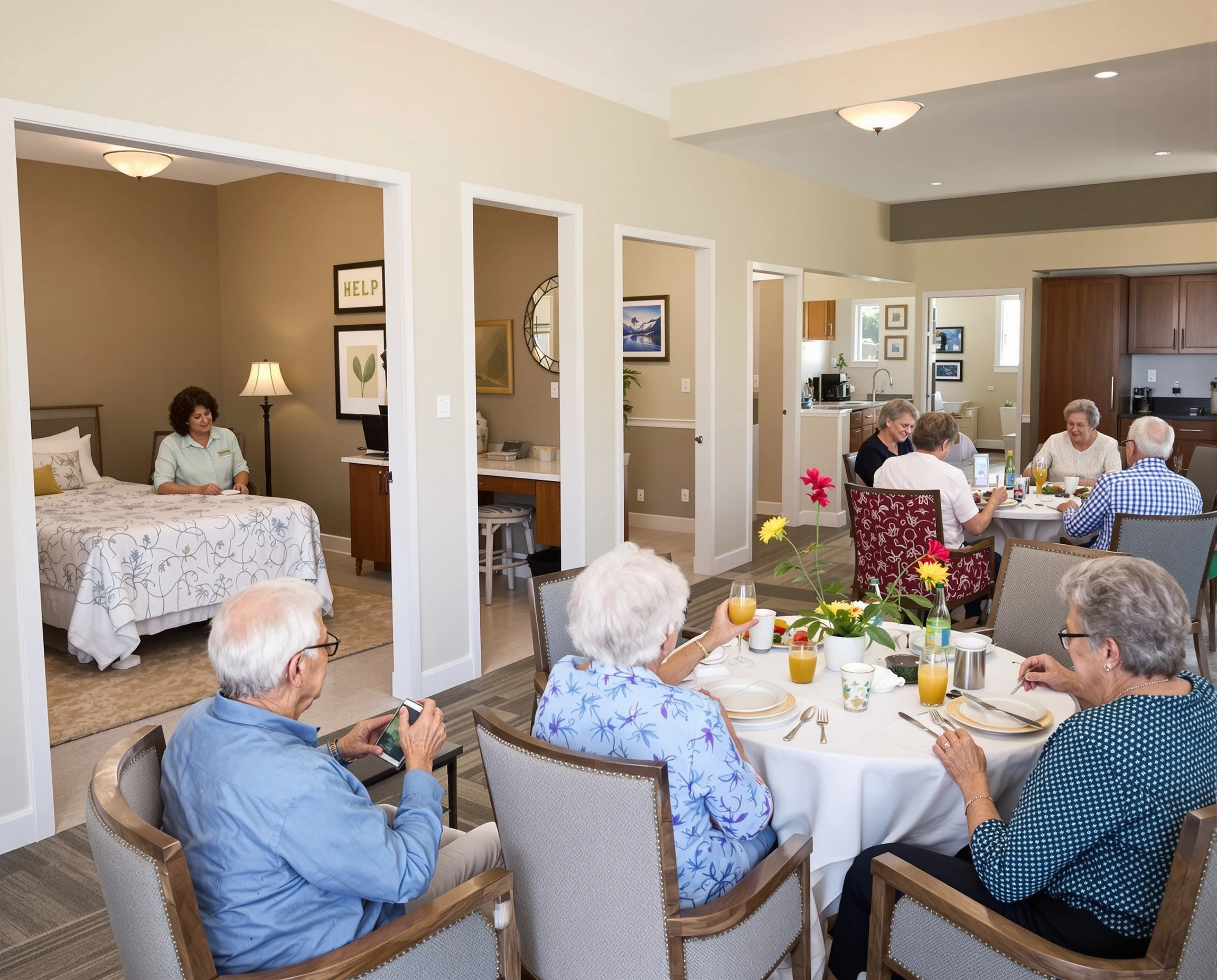 Older adults sitting in at the dining table in house