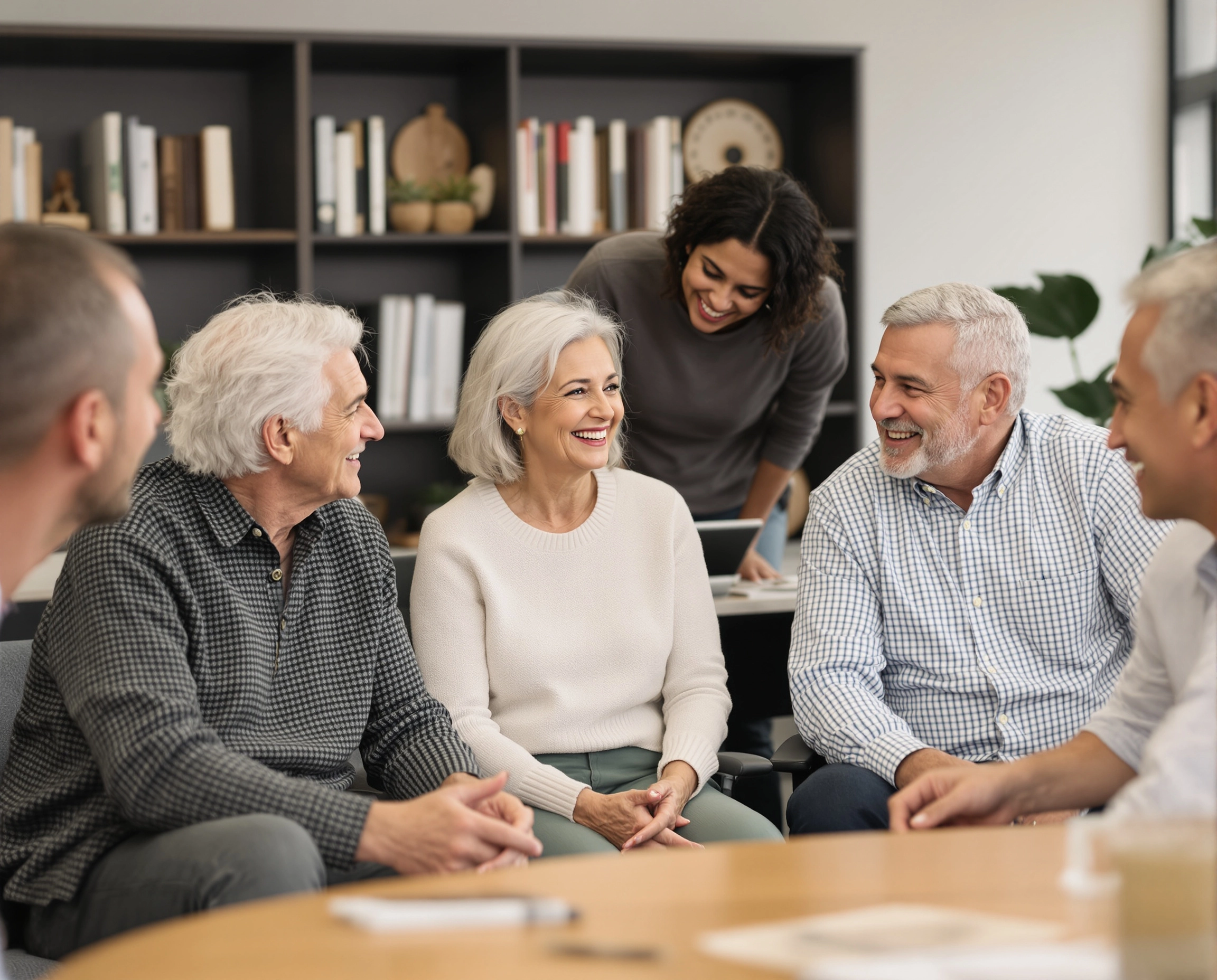 Older adults smiling while conversation with each other