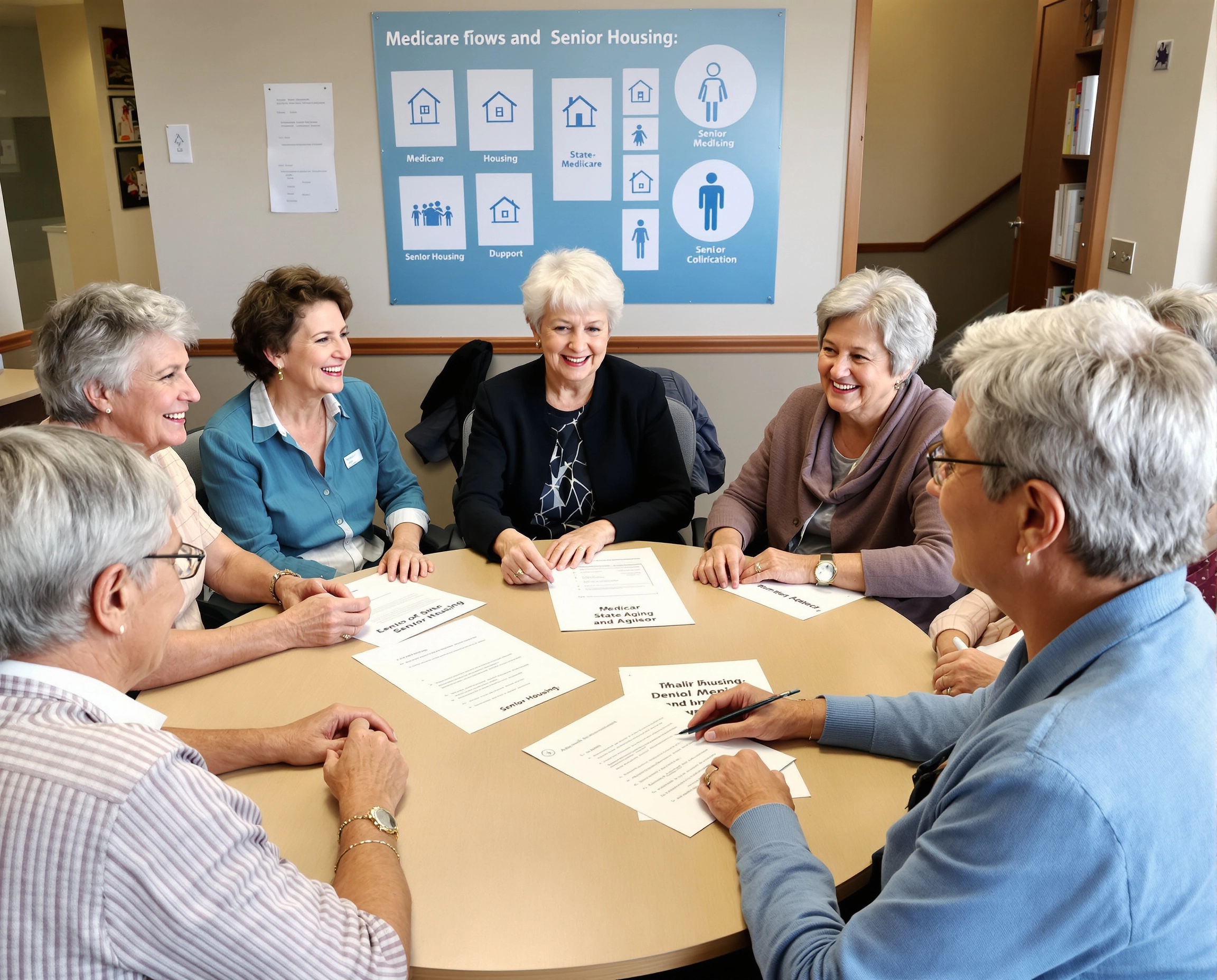 Older adults in conversation at a table 