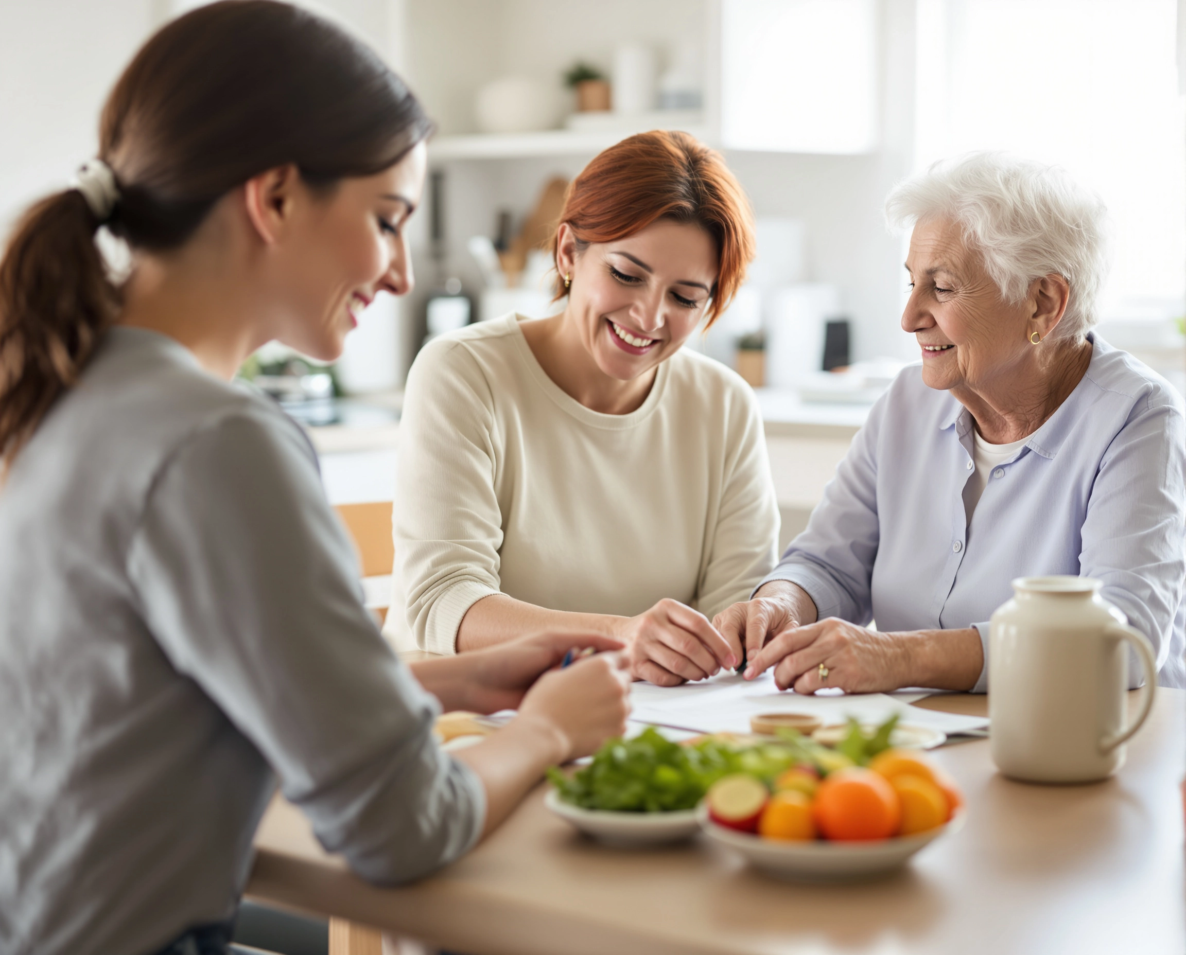 Family cutting vegetables in kitchen together