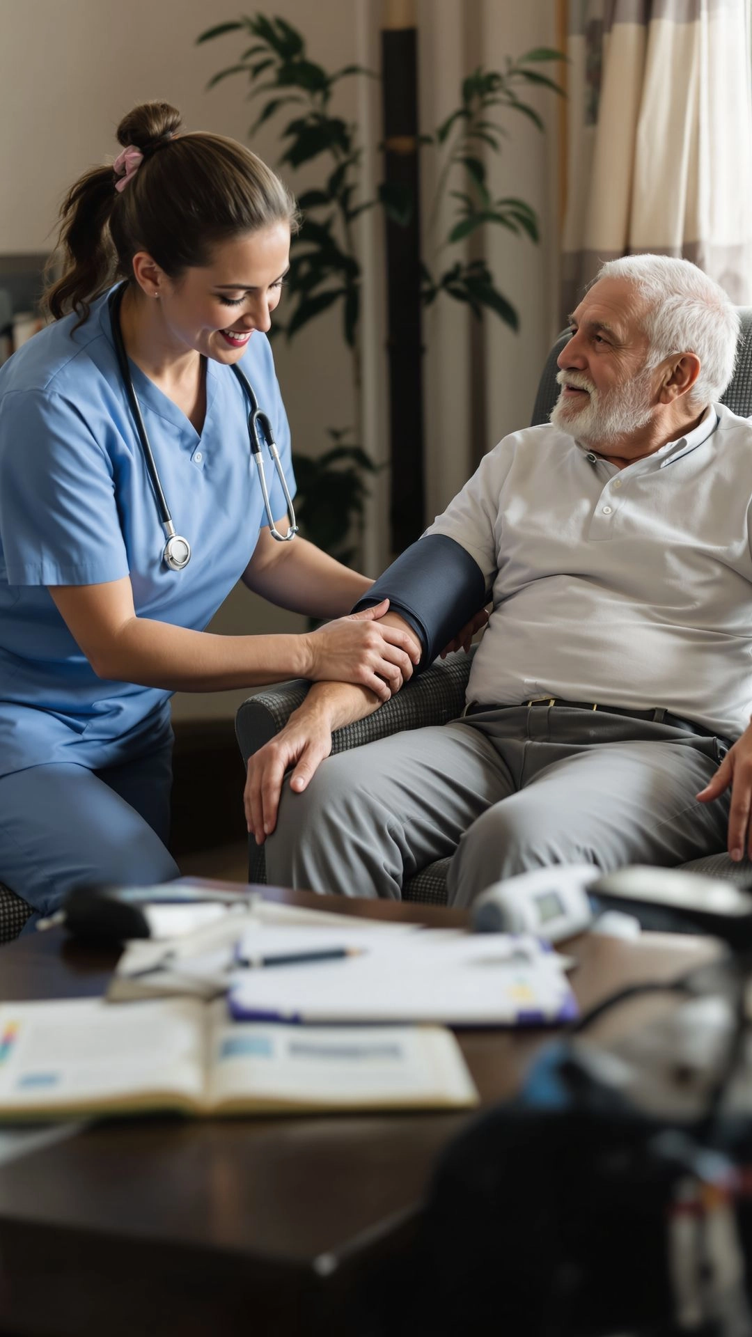 Doctor checking BP of the older man at his home