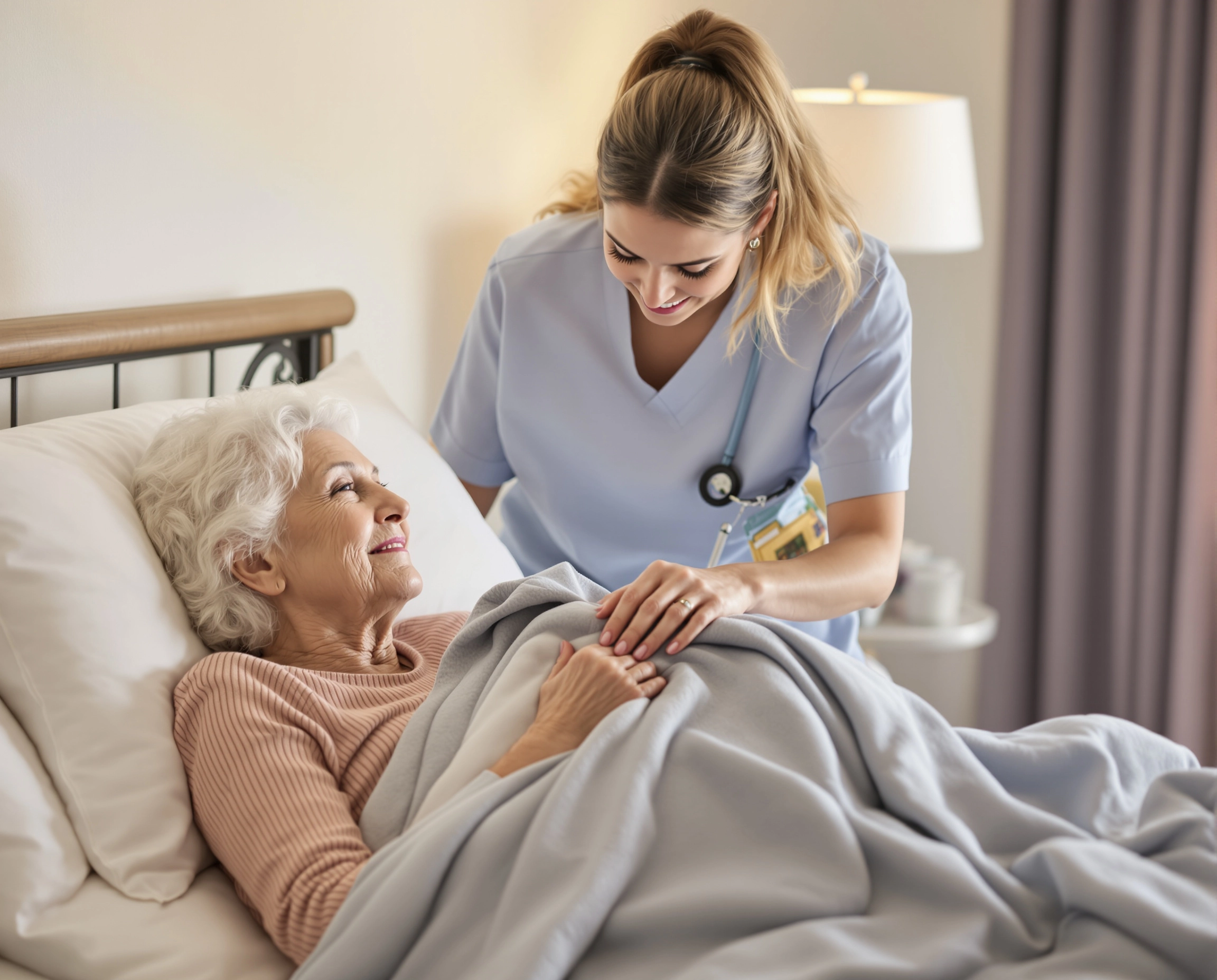 Caregiver giving care to the older women who is at his life's last stage