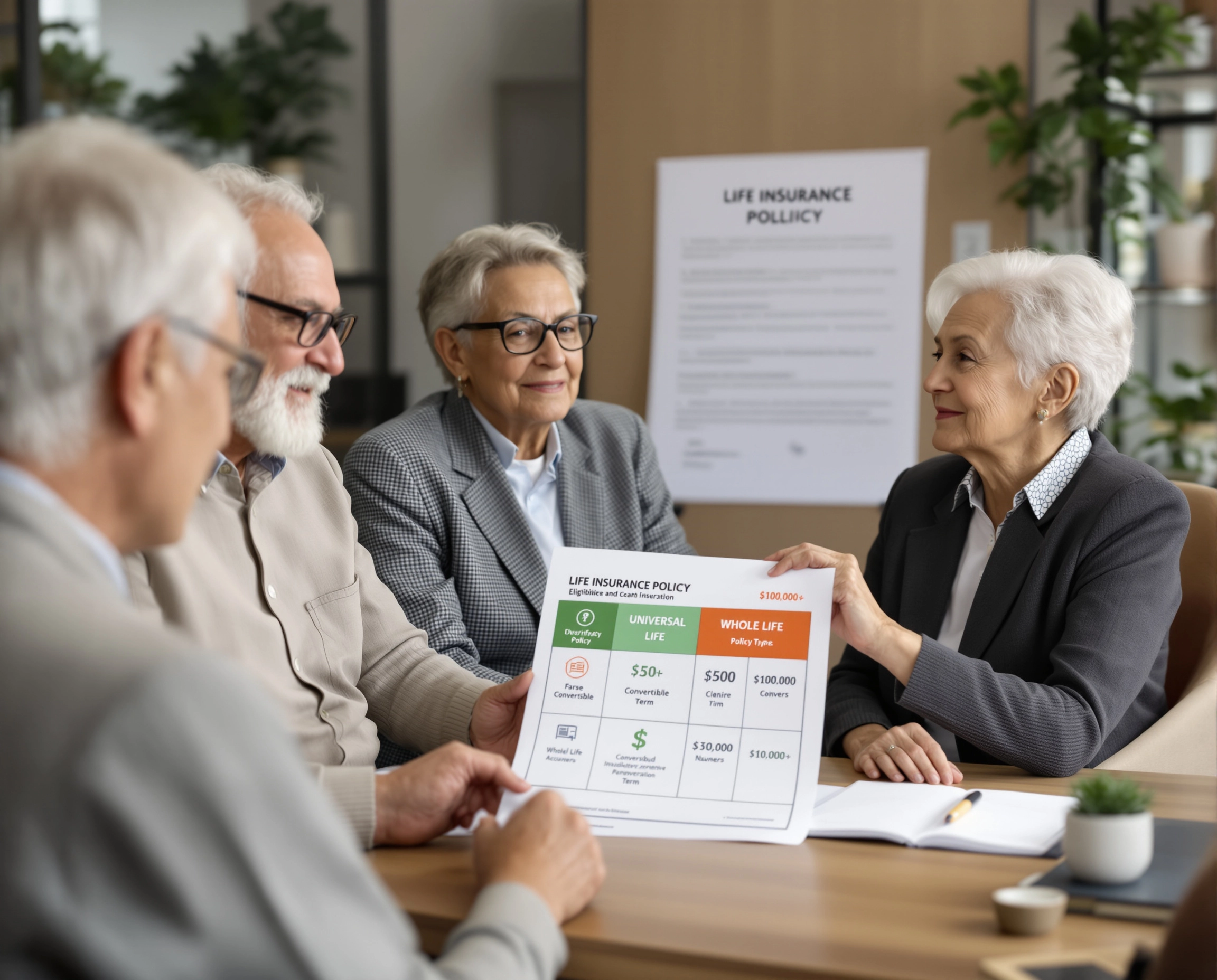 Older adults reviewing the qualification sheet for Life and Viatical Settlements 