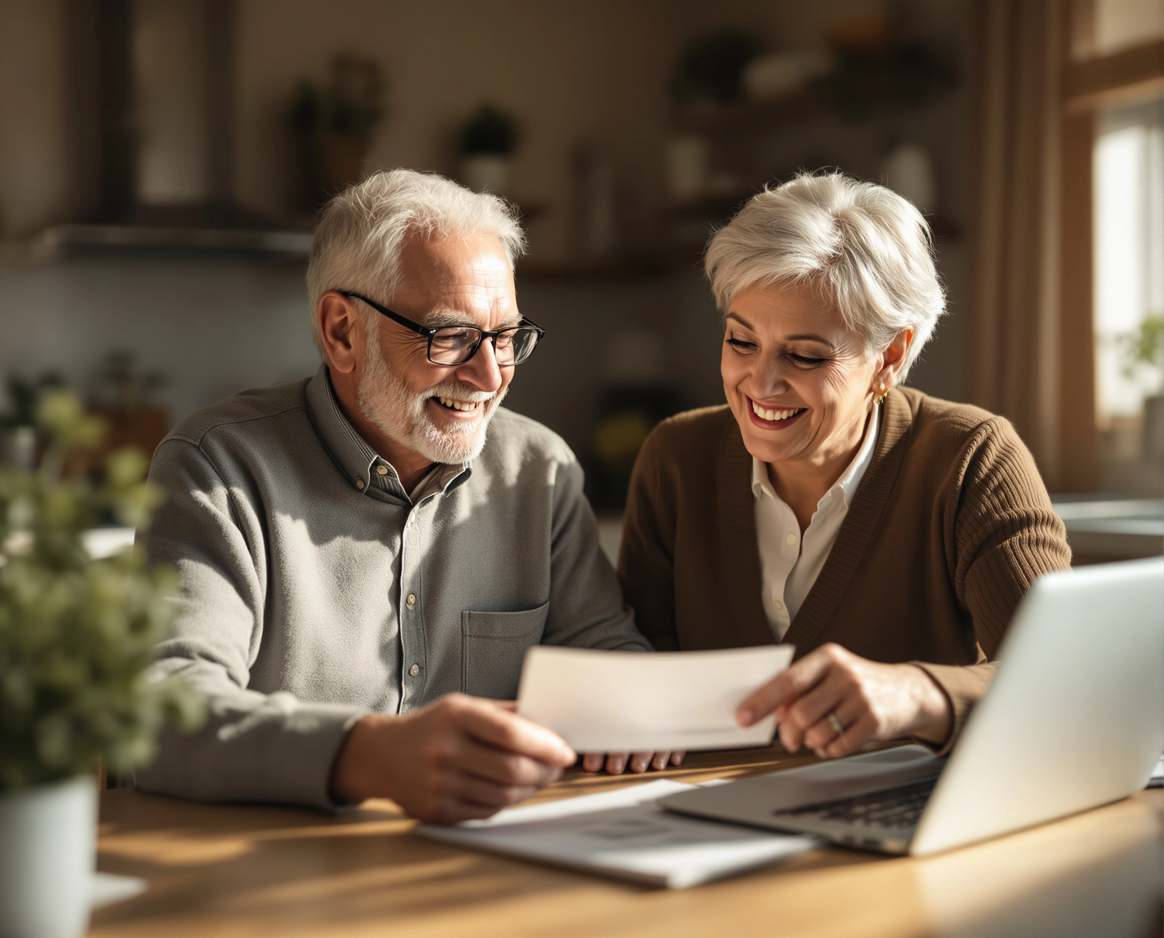 Older couple smiling while viewing the life settlement approval document