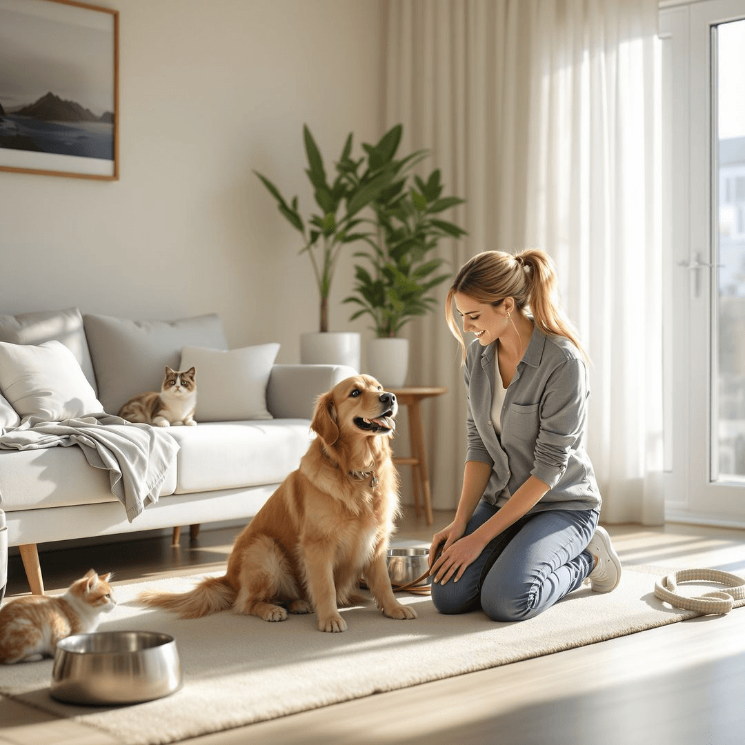 Person playing with dog indoors