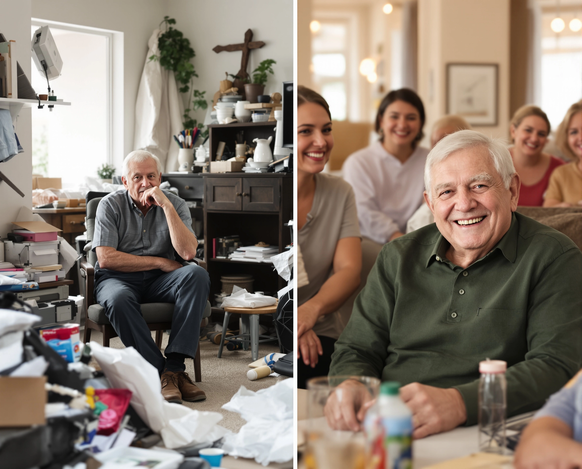 Comparison showing older adult in his home vs in old age home