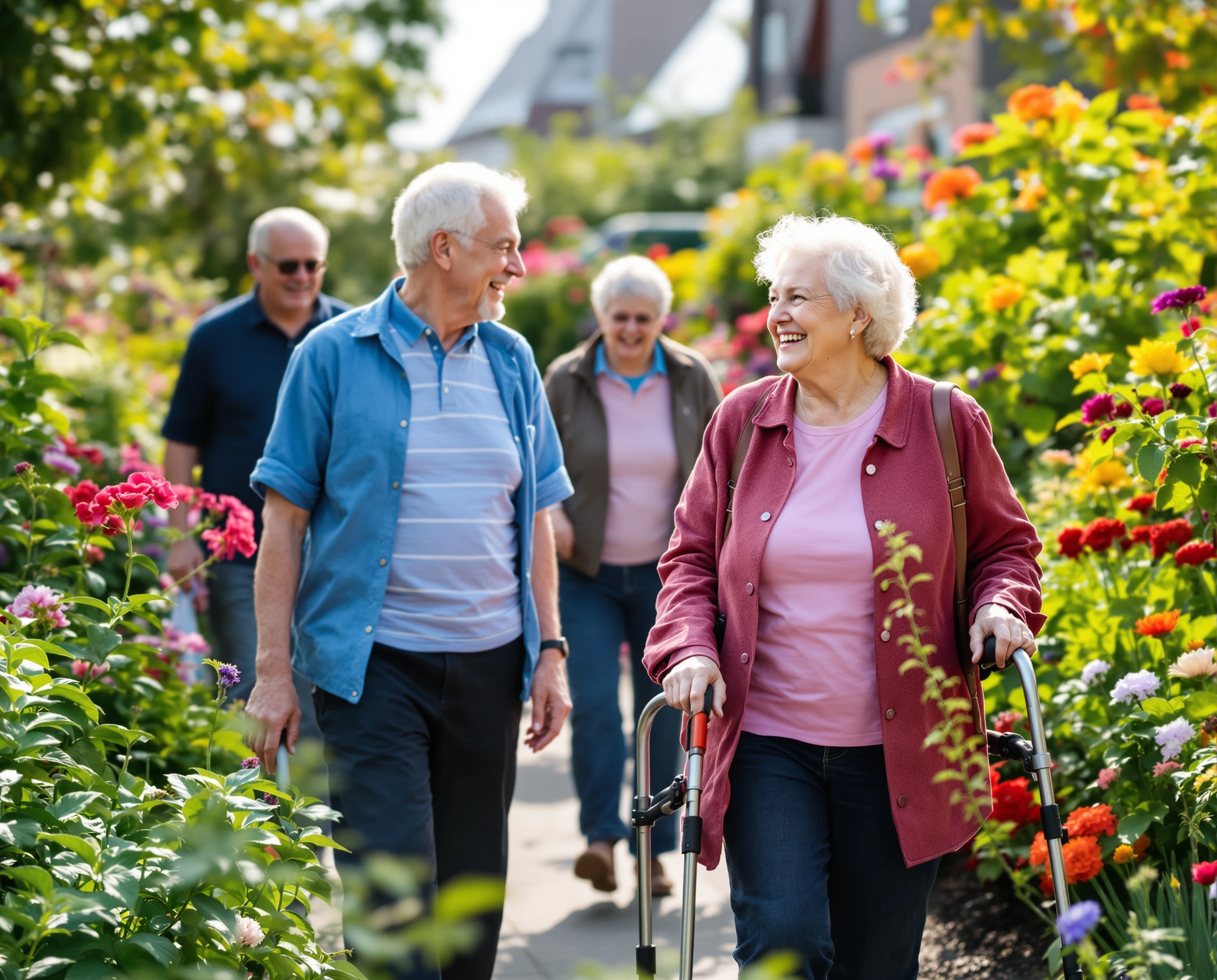 Older adults walking in garden