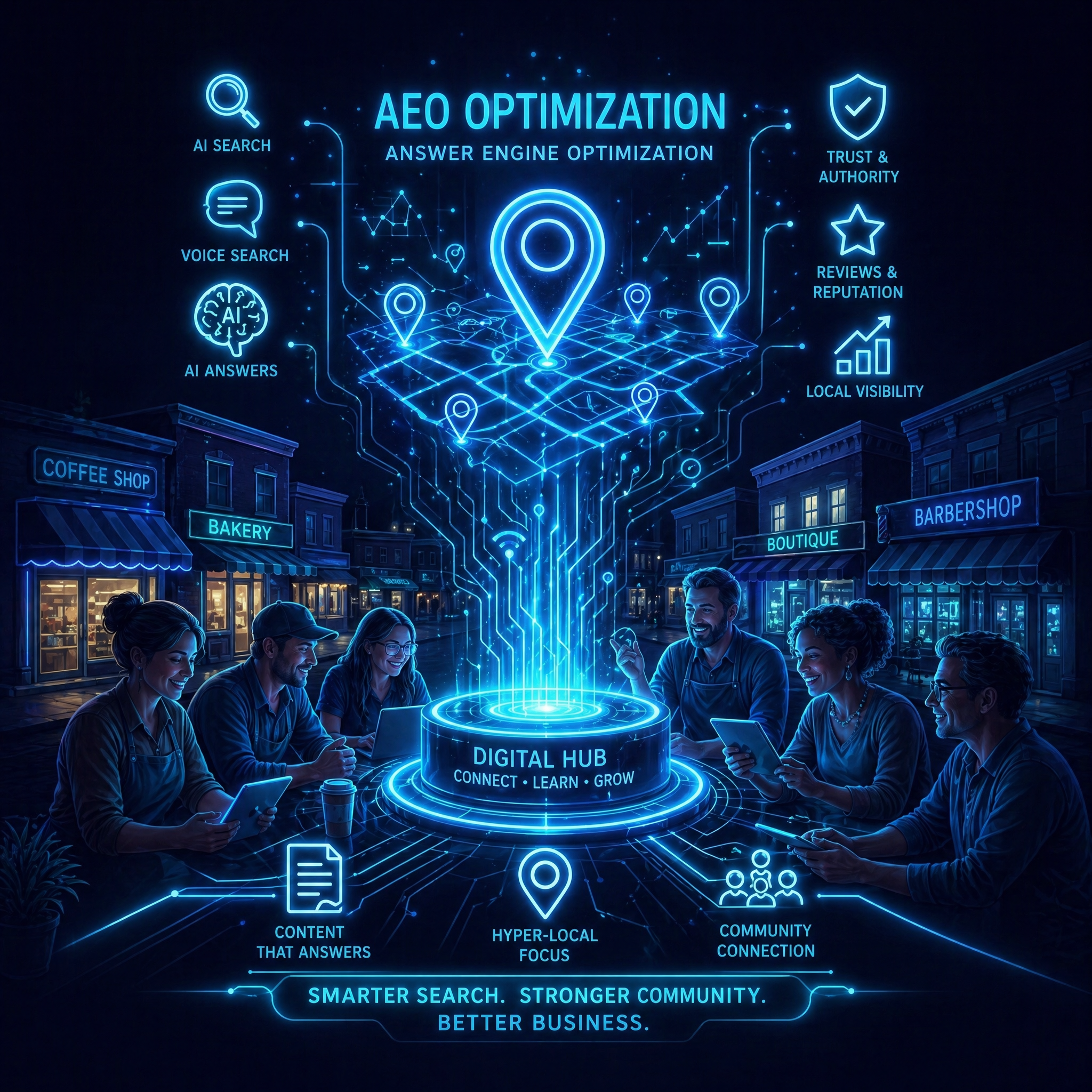 Top-rated local storefront with #1 map pin, welcoming glow, and social buzz icons—DriplyIQ AEO-optimized for engagement.