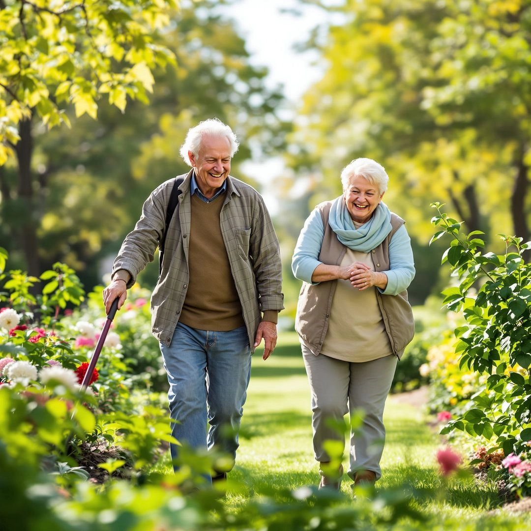 Elderly man and woman walking along a sunlit, lush garden path lined with pink and white flowers; man uses a red-handled cane.
