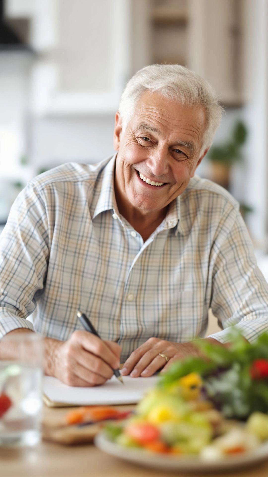 elderly man writing on paper with fruits nearby