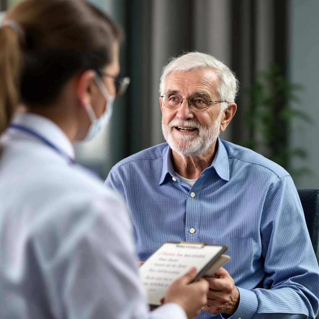 Elderly man talking with doctor