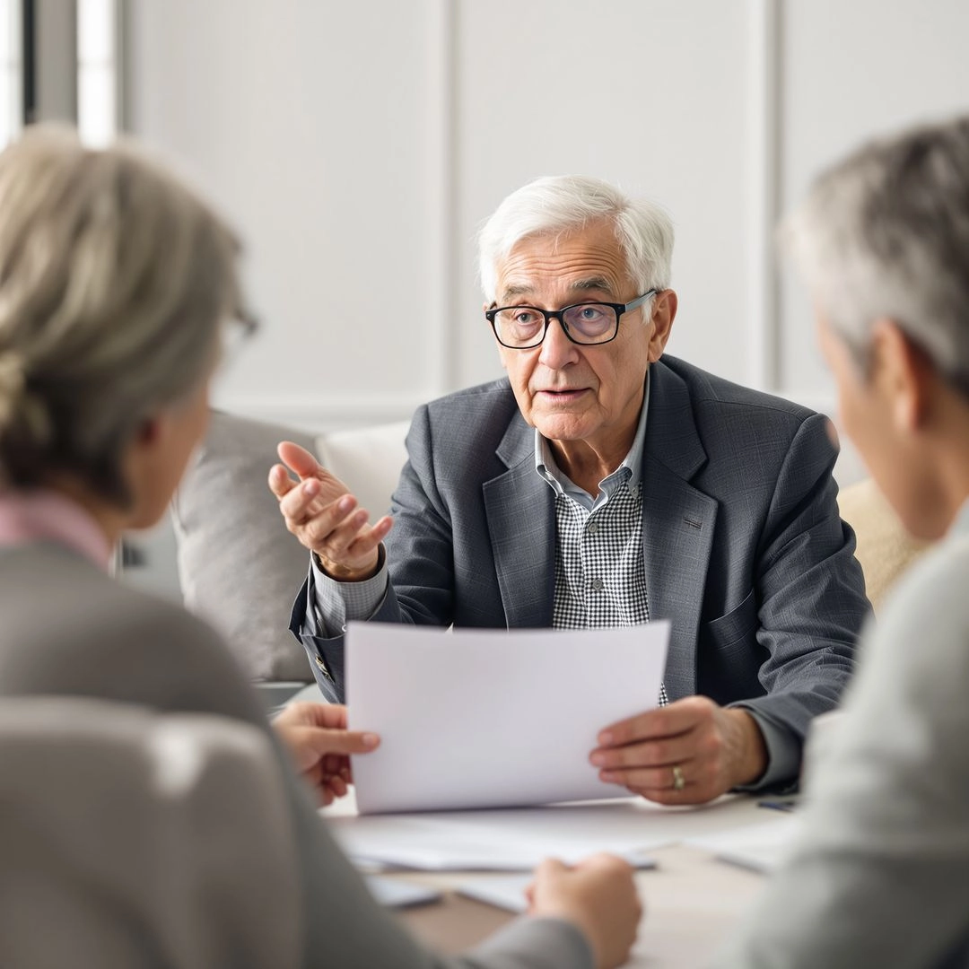 Elderly man talking about income and benefits