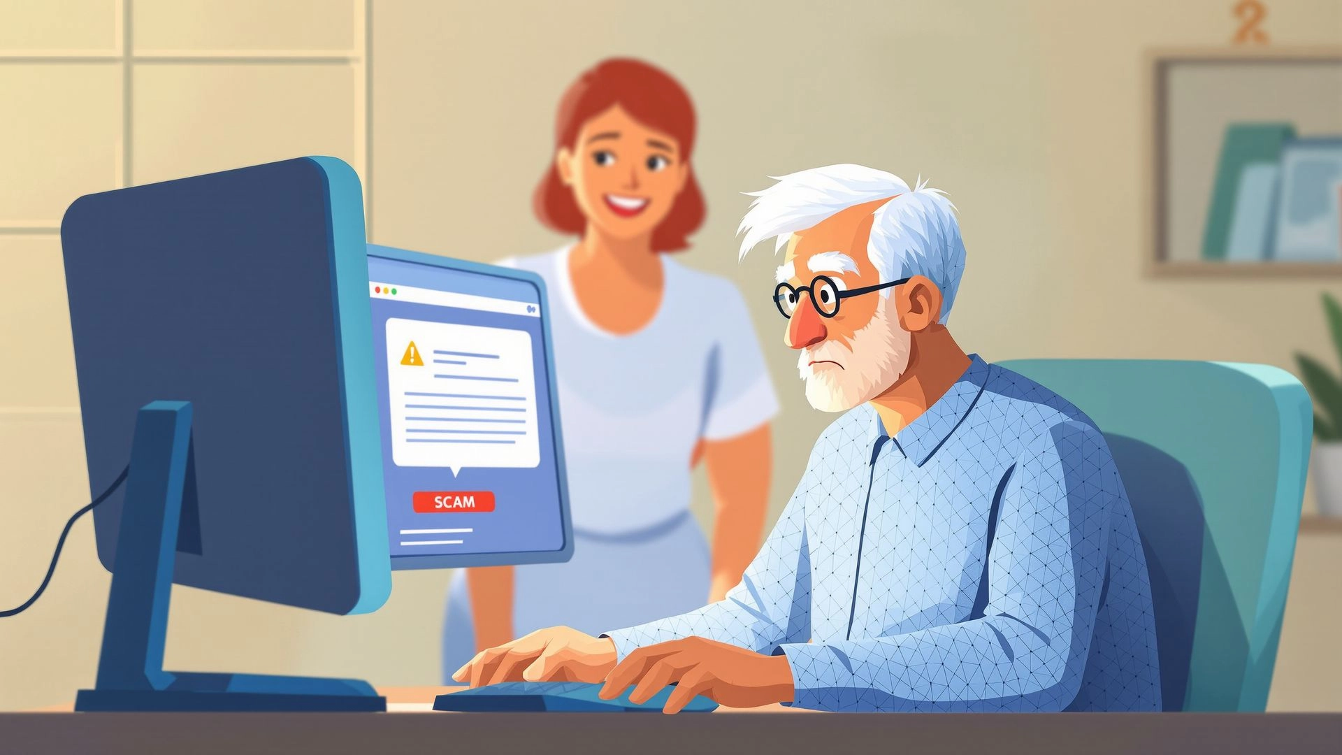 illustration showing elder man working on computer