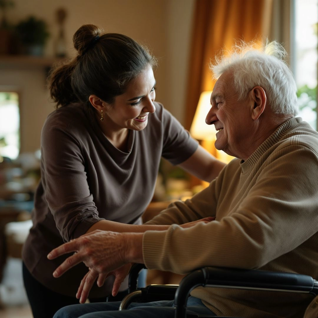 Elderly person with mobility issues receiving support from caregiver due to advanced Parkinson’s disease.