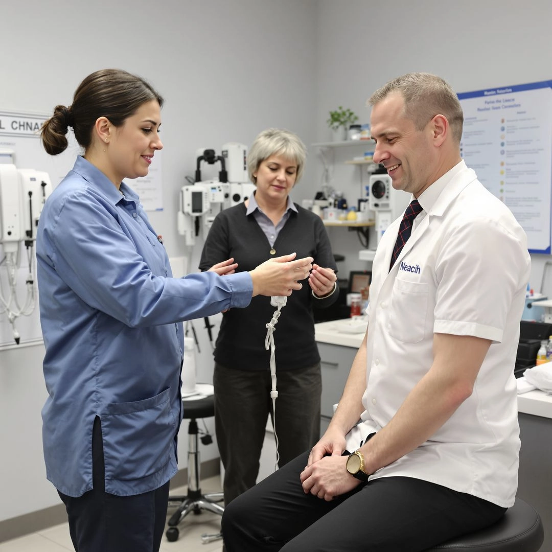 Neurologist evaluating patient’s movement and balance for Parkinson’s diagnosis.