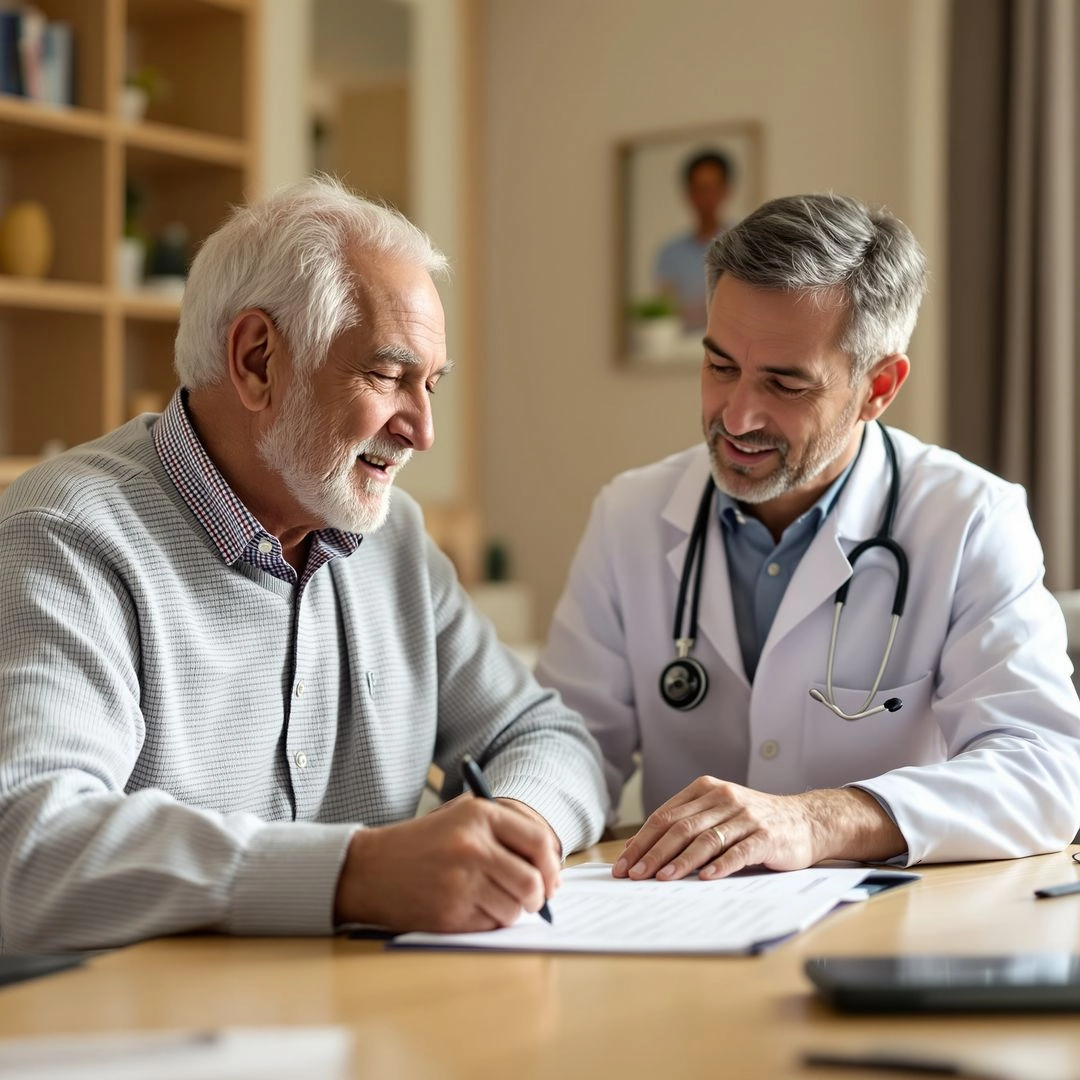 Older man with hand tremor consulting a doctor about Parkinson’s symptoms.