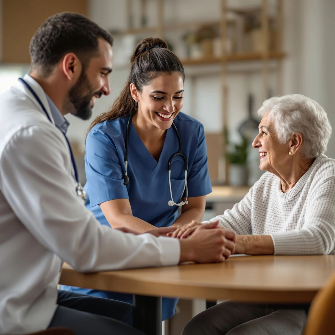 Healthcare team providing coordinated in-home care for an older adult.