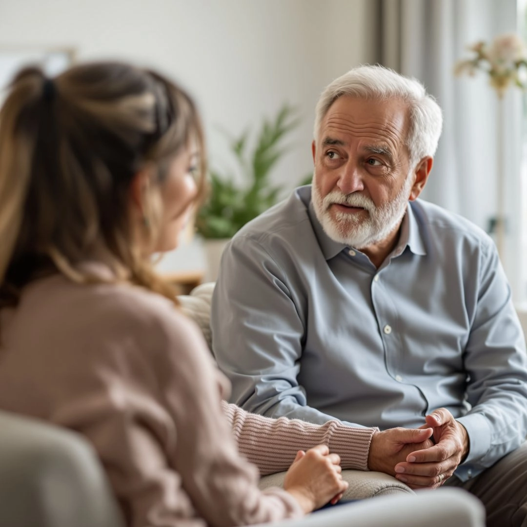 Older man talking with therapist about depression treatment in a supportive setting.