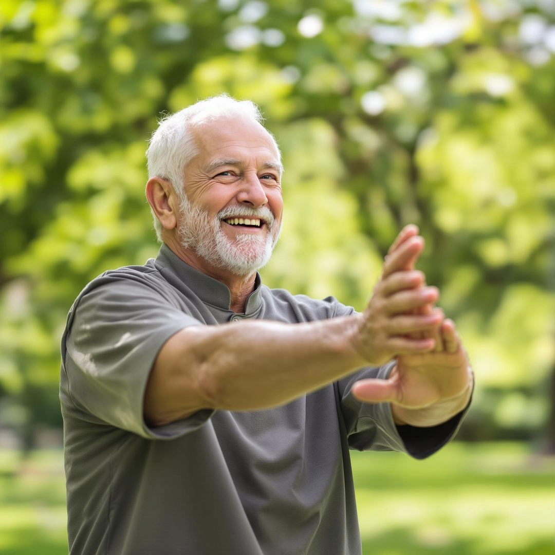 Older adult practicing tai chi outdoors promoting healthy aging and positive mindset.