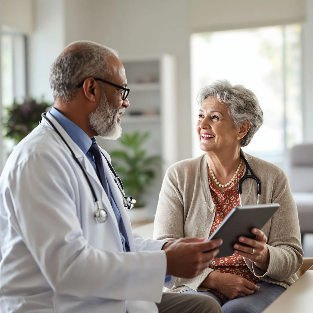 Senior woman discussing healthcare plan with doctor in a modern clinic.