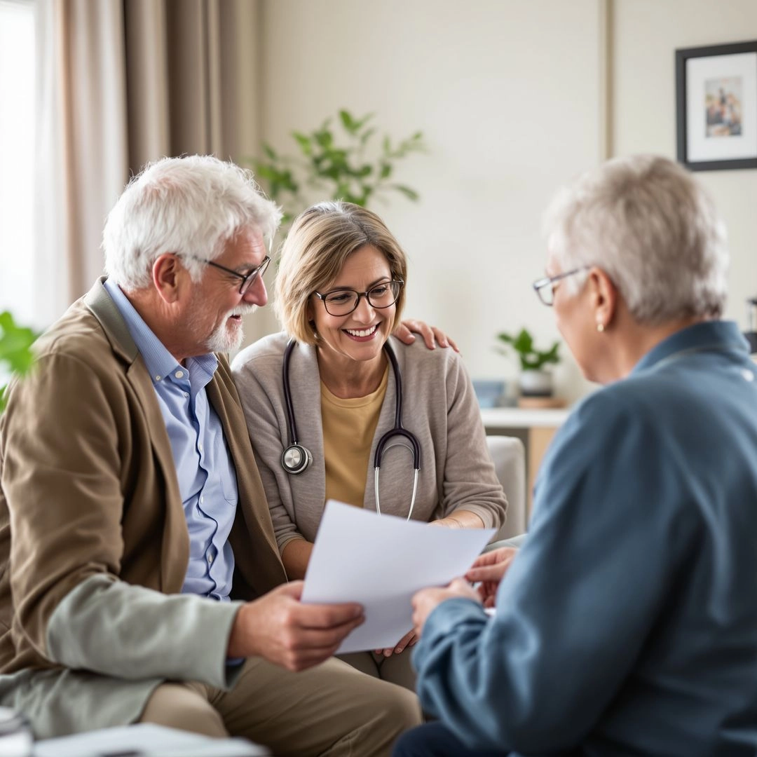 Senior couple consulting with healthcare provider about medical care and treatment options.