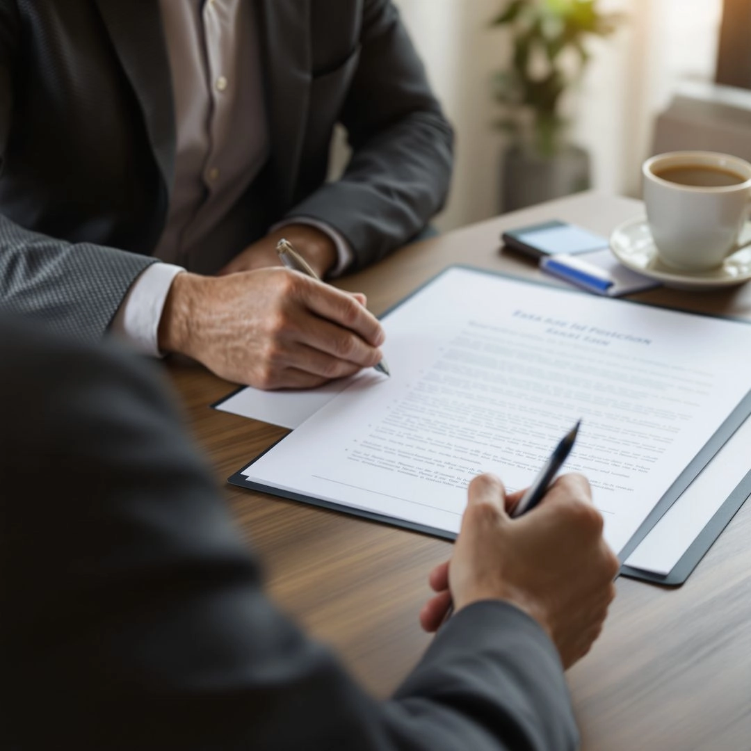 Older adult reviewing estate and debt documents with financial advisor.