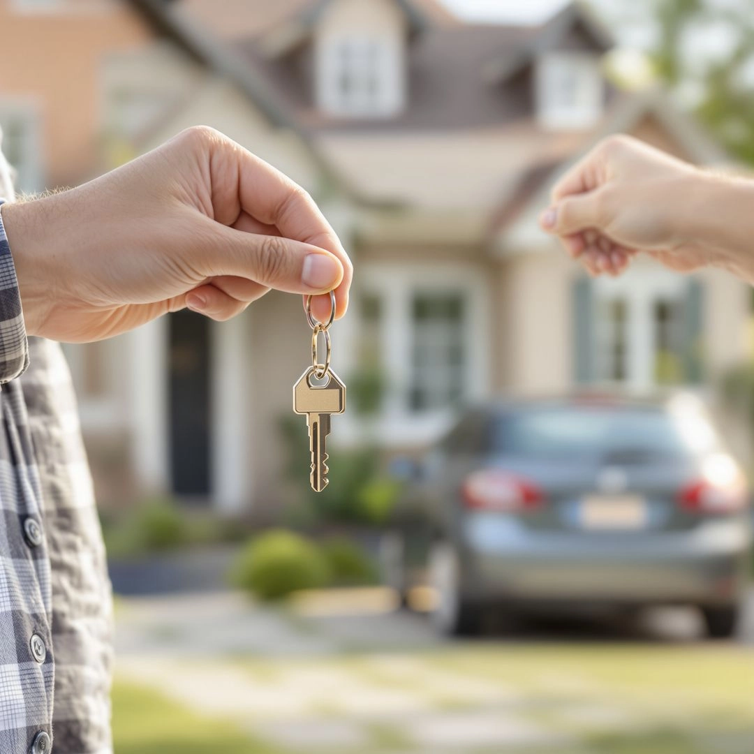 Person holding house keys representing inherited property with mortgage or car loan.