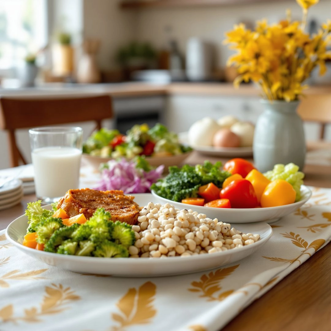 Nutritious small meal with lean protein, vegetables, and grains served for an elderly person in a pleasant dining setting.