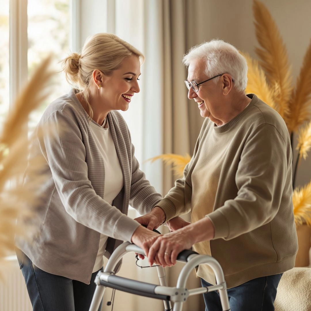 Caregiver helping an elderly person with a walker in a safe, well-organized home featuring grab bars and ramps.