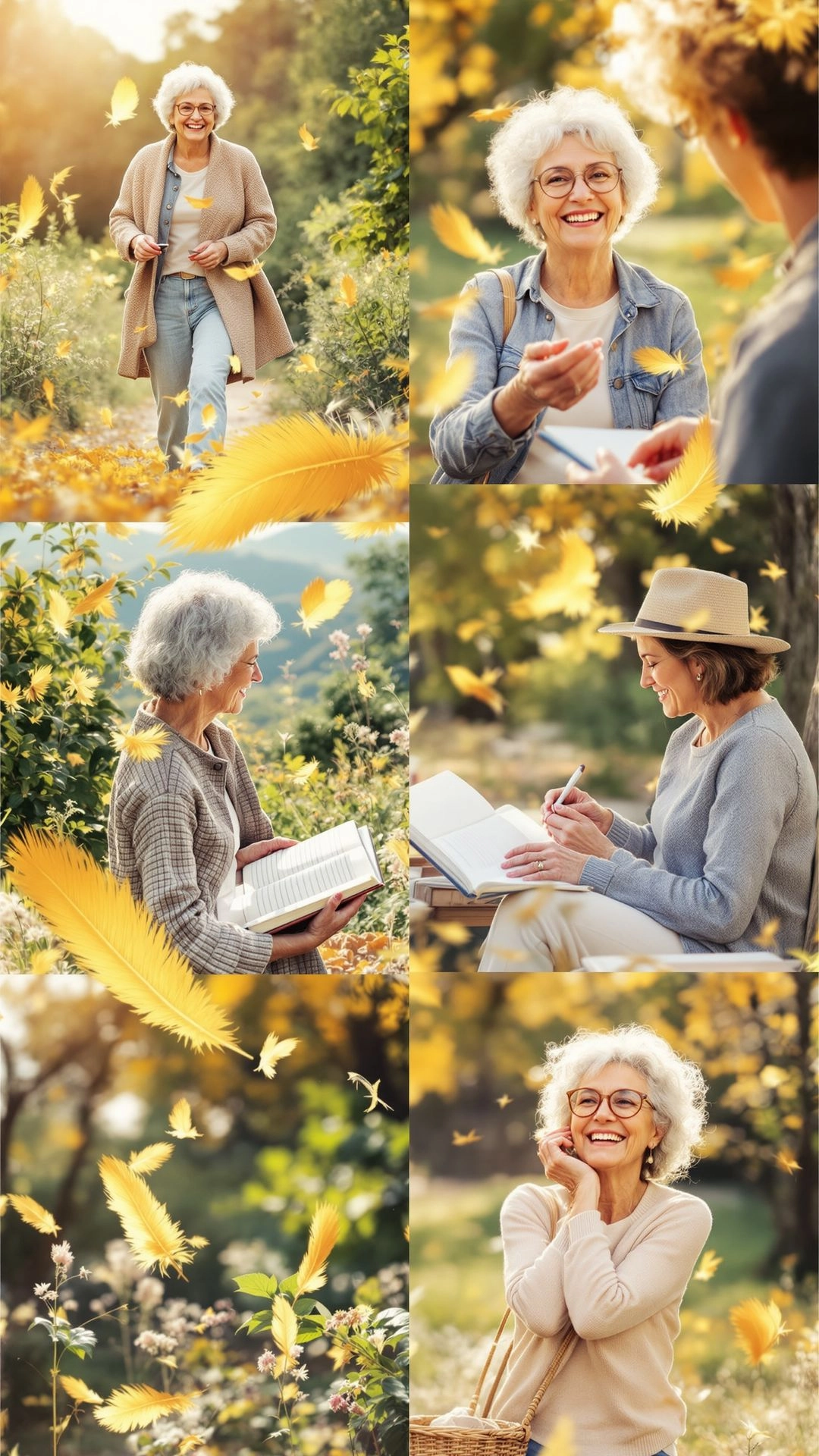 Active senior engaging in walking, journaling, and social connection to build a positive attitude and daily happiness.