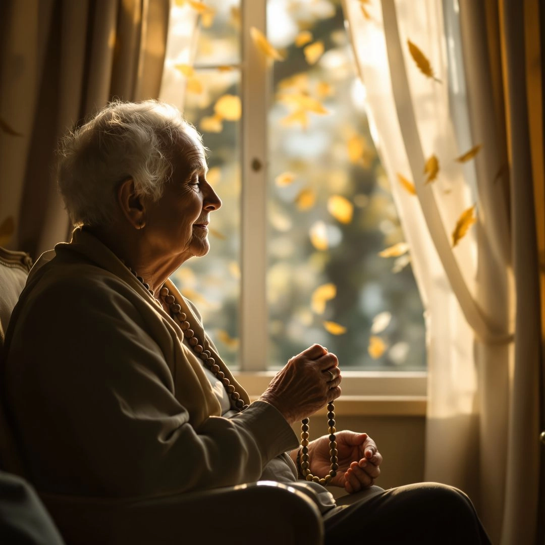 Smiling senior walking outdoors in a park, representing optimism, positive mood, and healthy aging.