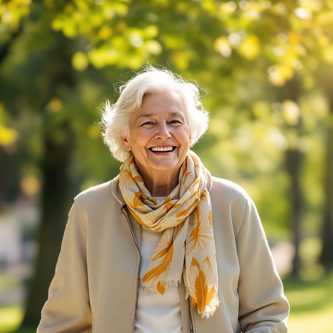 Smiling senior walking outdoors in a park, representing optimism, positive mood, and healthy aging.
