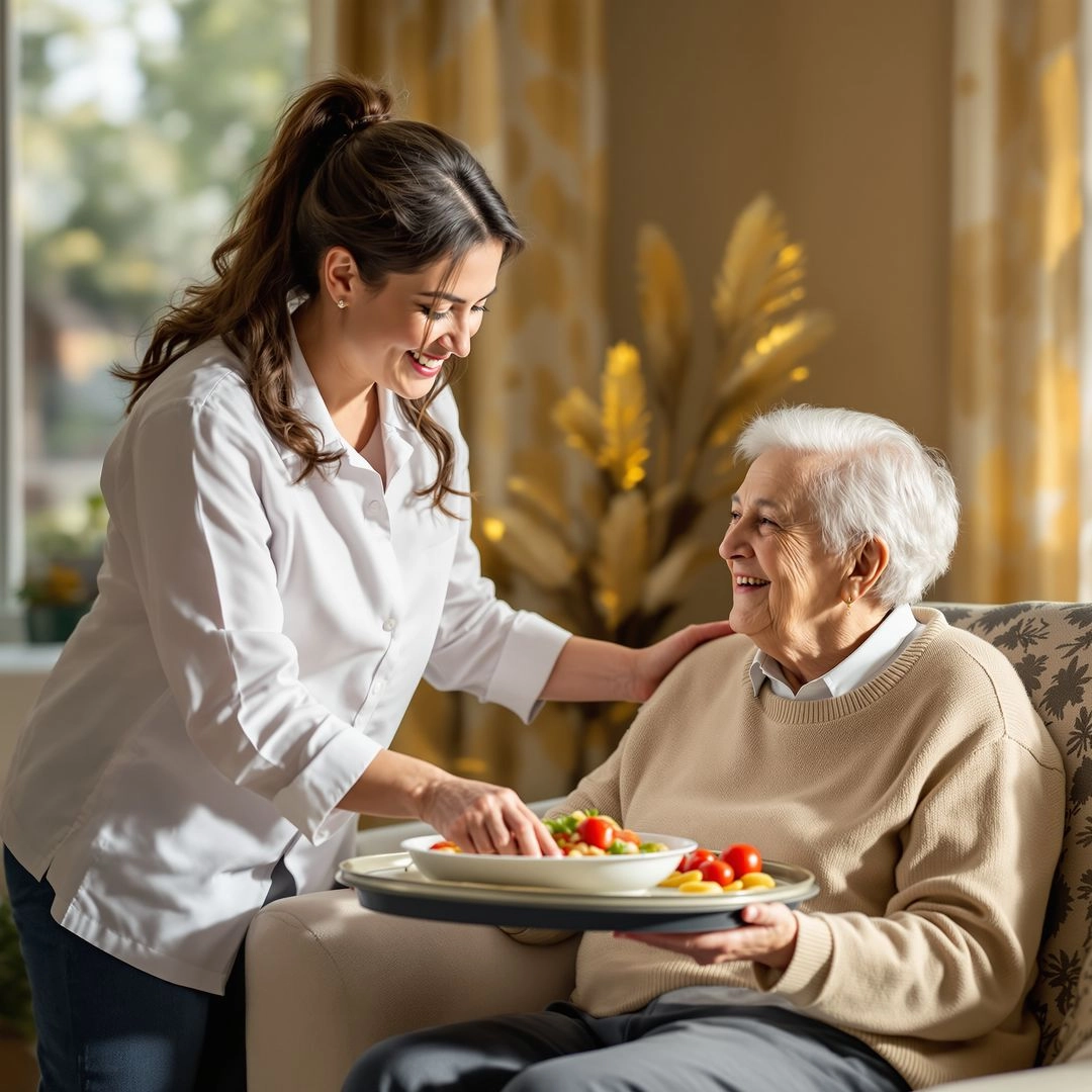 Caregiver helping an elderly person with light daily tasks in a safe, comfortable home environment.