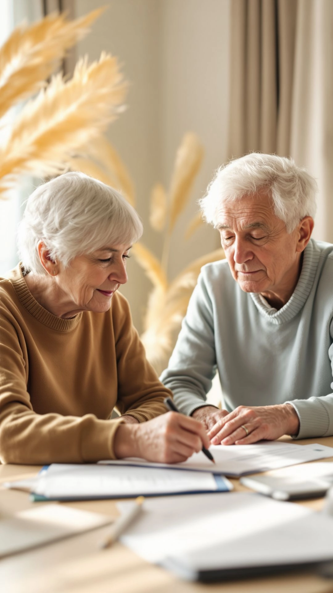 Senior Couple planning home care together in a bright, peaceful home environment.