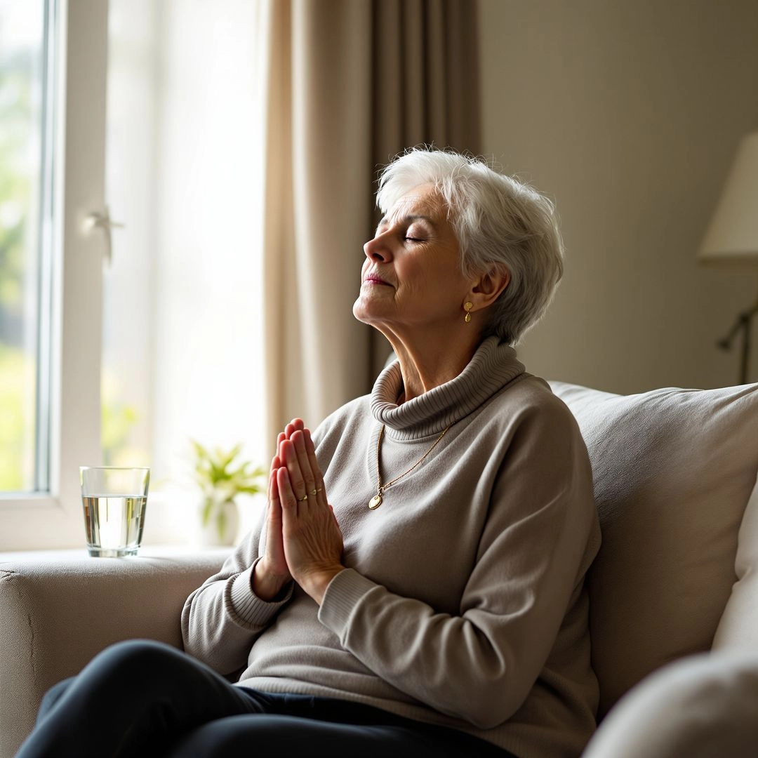 Senior woman relaxing with deep breathing and calm surroundings.